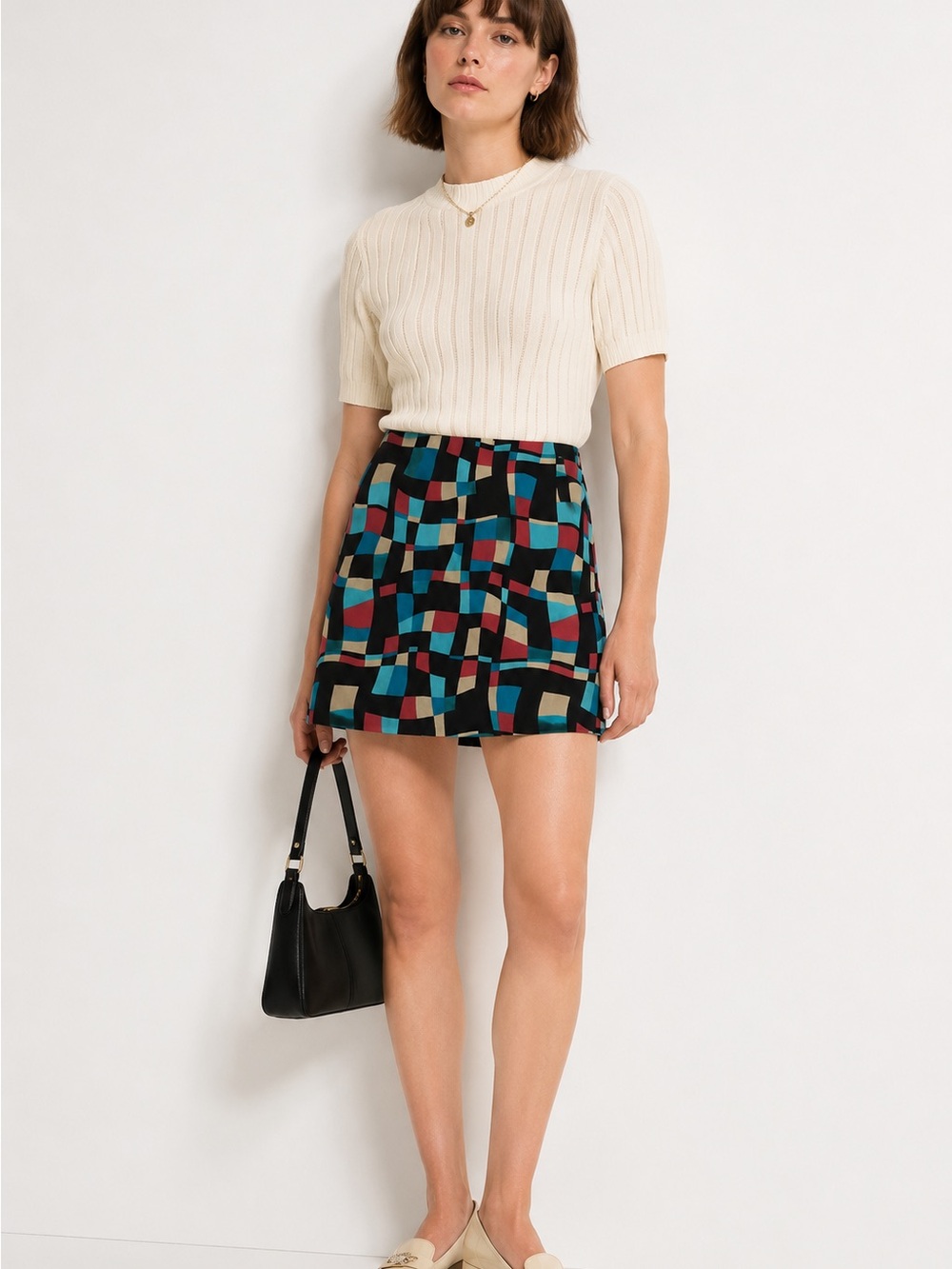 INC Petite 100% Silk Geometric Mini Skirt Size 8P Retro Mod